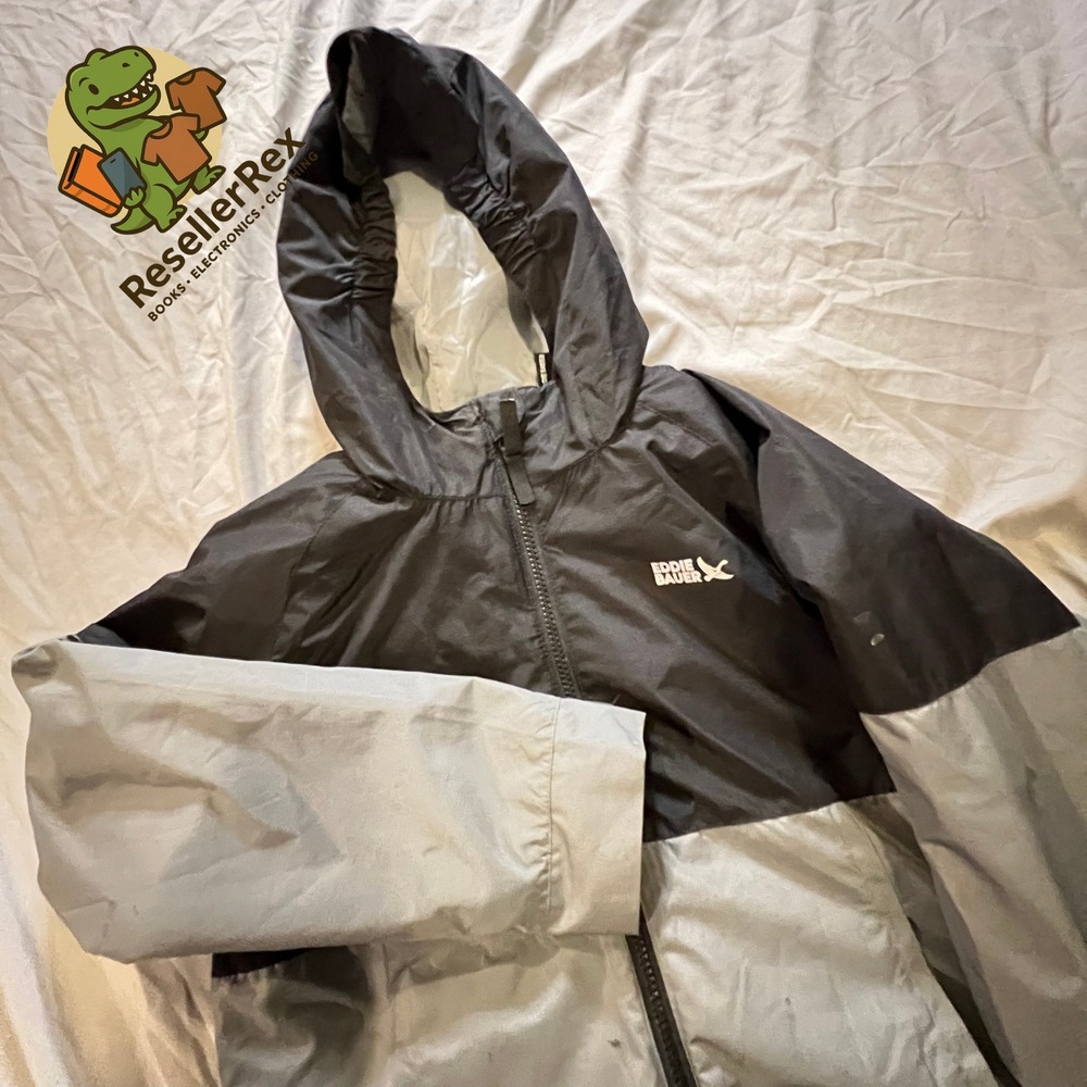 Eddie Bauer Windbreaker Jacket Kids Small Black Grey Excellent Fleece Lined Hood